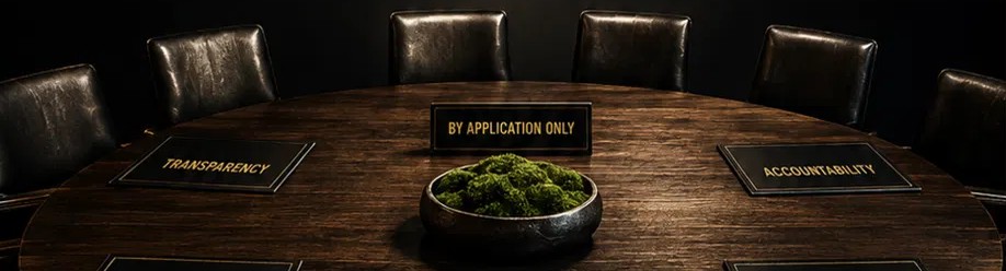 A dark wood boardroom table set with place cards reading Transparency, Accountability, and By Application Only